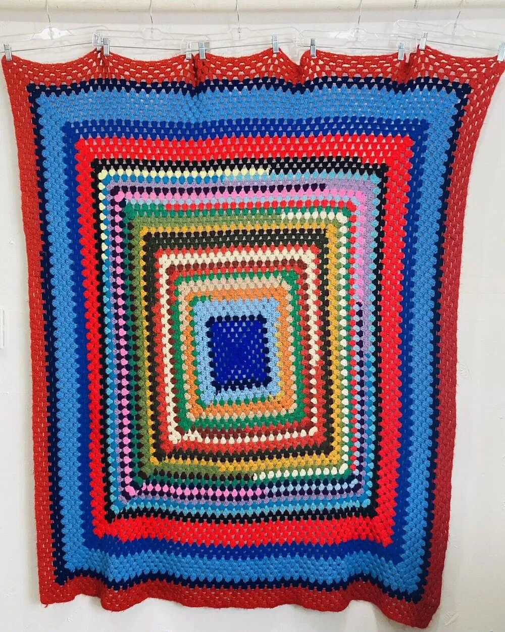 Vintage ONE Granny Square Afghan Crochet Blanket Throw Bright Multicolor Retro H